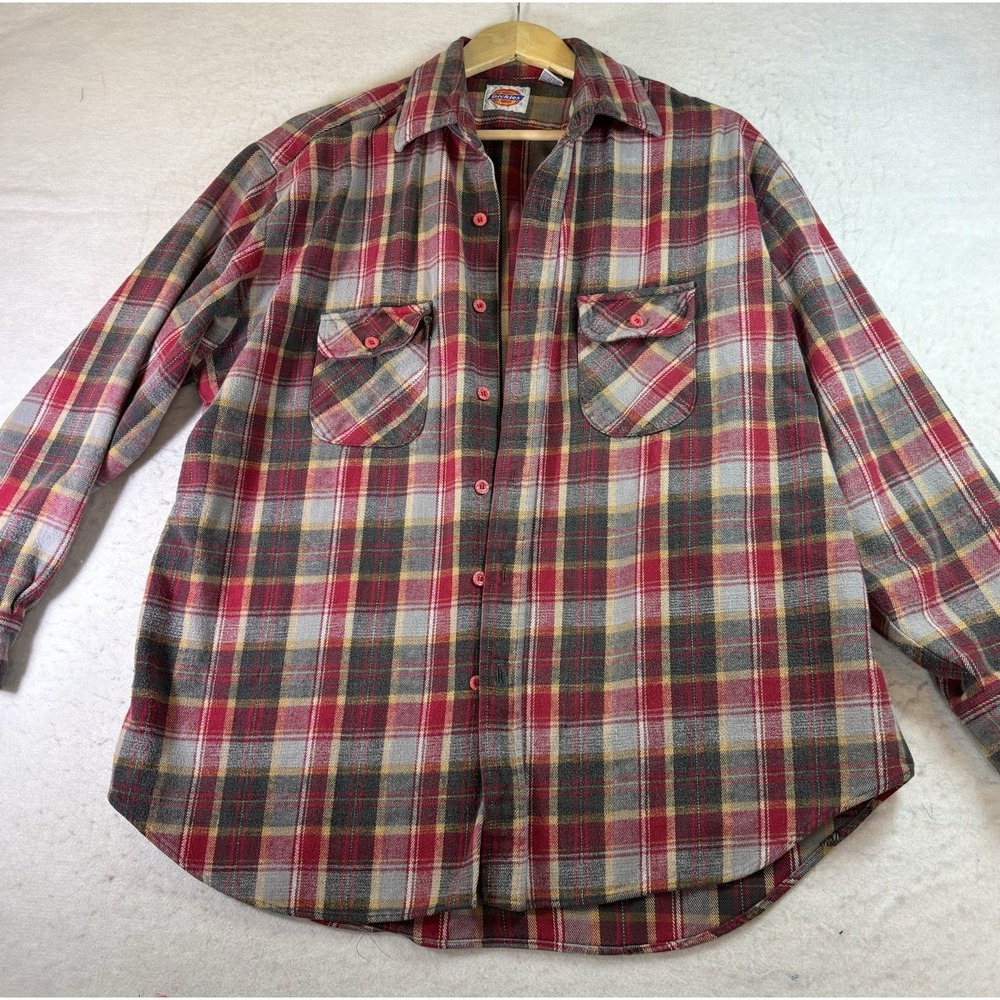 Vintage Dickies Heavy Weight 100% Cotton Flannel Shirt XL Gray/Red Plaid L/SL